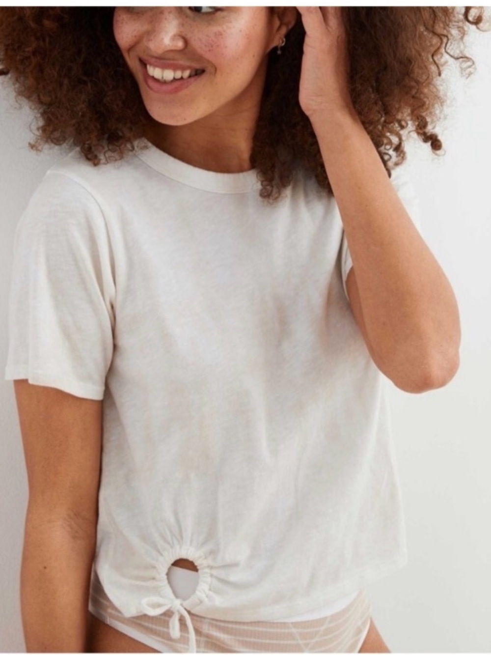 aerie Pink Short Sleeve Tee with Front Tie Detail